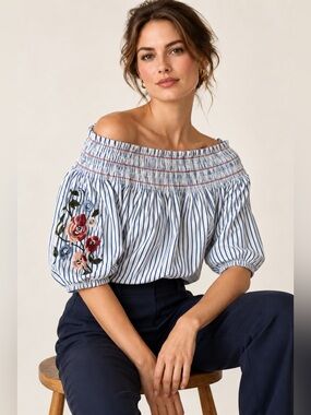 Rebellion Again Striped Off Shoulder Embroidered Peasant Top Medium